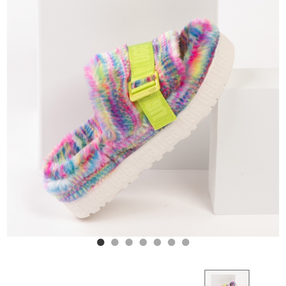 Ugg Fluffita Pixelate Green Real Fur Slides Size 7 - image 1